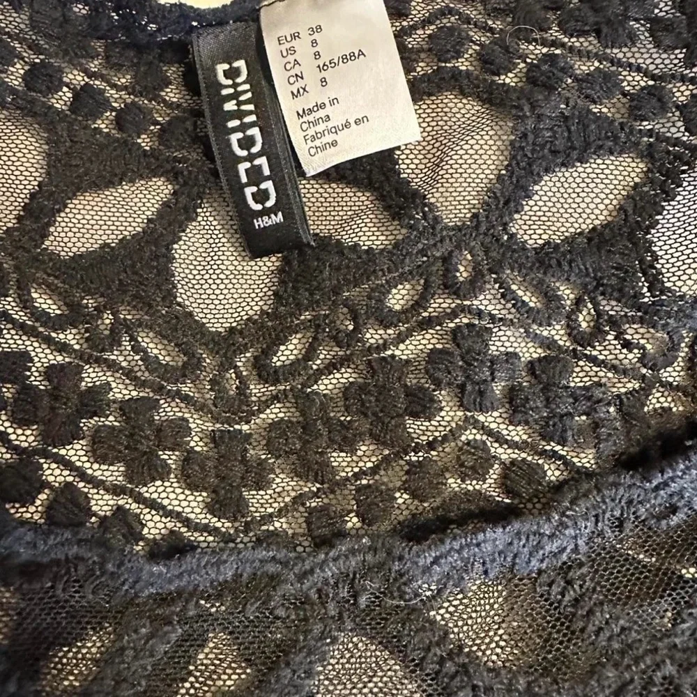 H&M Black Lace Mesh Top Size 8 Boho Goth Sheer‎ 3/4 Sleeve